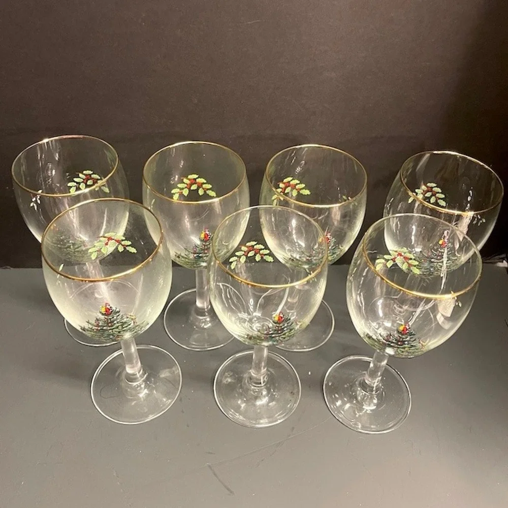 Vintage Spode Christmas Tree 12 oz Stemmed Wine Glasses Gold Rim Set of 7